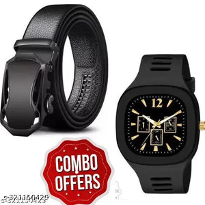 Men Black Belt with Stylish Black Watch