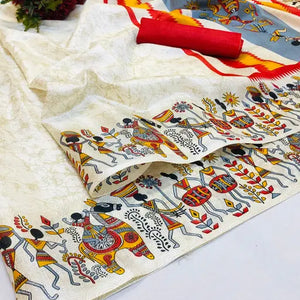 White Printed Khadi Saree with Blouse